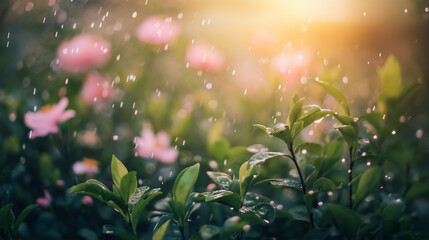 Delicate raindrops on fresh green tea leaves, a serene moment of nature's renewal.