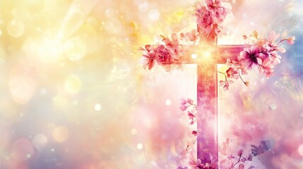 Radiant watercolor Christian cross adorned with spring cherry blossoms and heavenly light