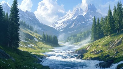 Obraz premium Majestic mountain landscape with rushing river flowing through verdant valley
