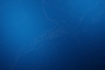 Stylized map of the streets of Andorra la Vella (Andorra) made with white lines on abstract blue background lit by two lights. Top view. 3d render, illustration