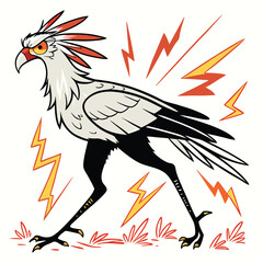 Explosive Pop Art Secretary Bird with Fiery, Thunderbolt Legs