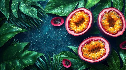 Tropical passion fruit halves surrounded by lush green leaves and water droplets on a dark background.