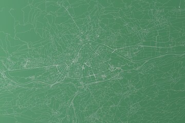Stylized map of the streets of Innsbruck (Austria) made with white lines on green background. Top view. 3d render, illustration