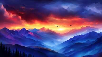Obraz premium Dramatic sunset illuminating mountains with soaring birds in the sky