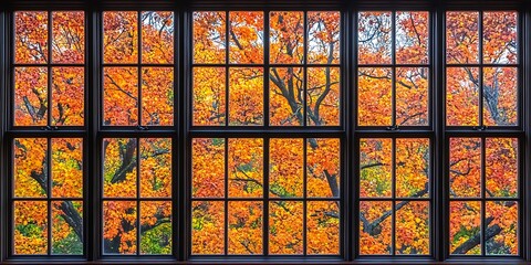 Vibrant autumn tree foliage viewed through a multi pane window frame