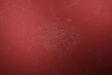 Map of the streets of Plovdiv (Bulgaria) made with white lines on abstract red background lit by two lights. Top view. 3d render, illustration