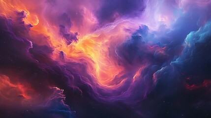 Obraz premium Digital artwork depicting a vibrant nebula swirling with intense hues of purple, orange, blue for Cosmic energy fantasy elements blend seamlessly concept.