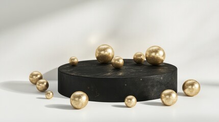 Golden spheres on a dark podium