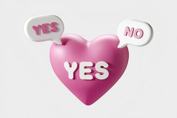 A 3D render of a pink heart with YES and NO speech bubbles