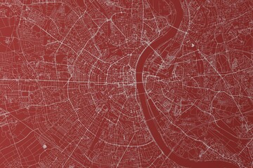Map of the streets of Cologne (Germany) made with white lines on red background. Top view. 3d render, illustration