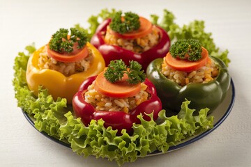 A photo of a plate with three colorful stuffed peppers