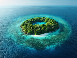 Aerial Paradise: A Lush Island Oasis with Vibrant Coral Reefs and Tranquil Turquoise Lagoon, a Seascape Gem