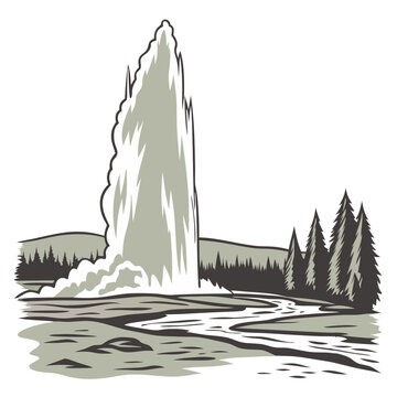 Old Faithful Geyser USA Vector Illustration with Eruption. Science education, USA national parks, travel documentaries, geothermal studies.