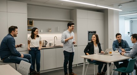 Coworkers enjoying a break at modern office kitchen together