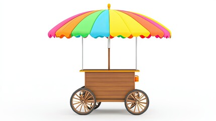 A lively multicolored ice cream cart with a rainbow umbrella, retro details, and a fun summer theme, isolated on white, D rendering.