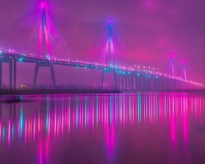 Fototapeta premium A brilliantly illuminated cable stayed bridge reflects in calm water
