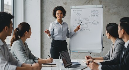African American professional presents business strategy to attentive team