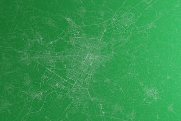 Map of the streets of Turin (Italy) made with white lines on green paper. Rough background. 3d render, illustration