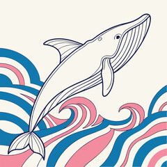 Graceful Pop Art Minimalist Whale Swimming Through Abstract, Fluid Waves