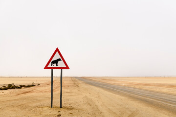 Traffic Sign Beware of Brown Hyena, Skeleton Coast, Namibia
