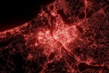 Street map of Riga (Latvia) made with red illumination and glow effect. Top view on roads network. 3d render, illustration