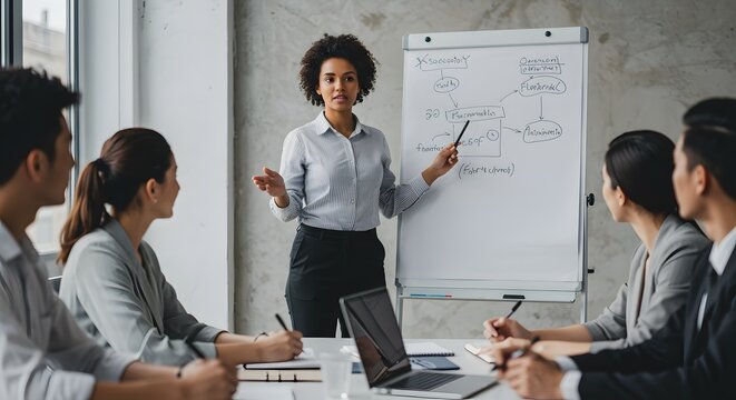 African American professional presents business strategy to attentive team - Powered by Adobe