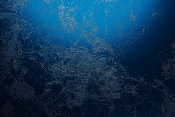 Street map of Amsterdam (Netherlands) engraved on blue metal background. View with light coming from top. 3d render, illustration