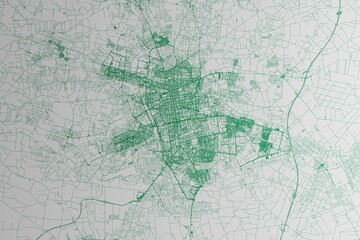 Map of the streets of Lodz (Poland) made with green lines on white paper. 3d render, illustration