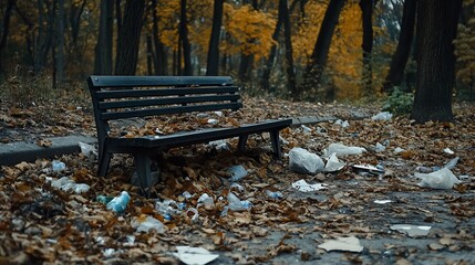 Autumn park bench, litter, fallen leaves, path, environmental pollution