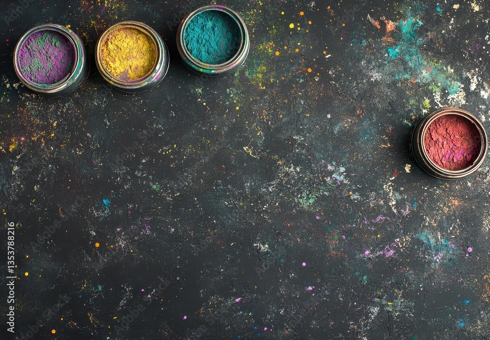 Poster vibrant color powders in jars on a dark textured background for creative artistic projects and backg