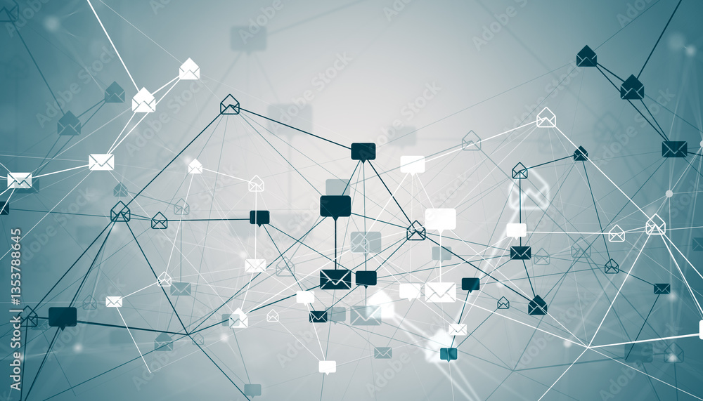 Poster Digital email network with interconnected envelope icons on abstract background. 3D Rendering