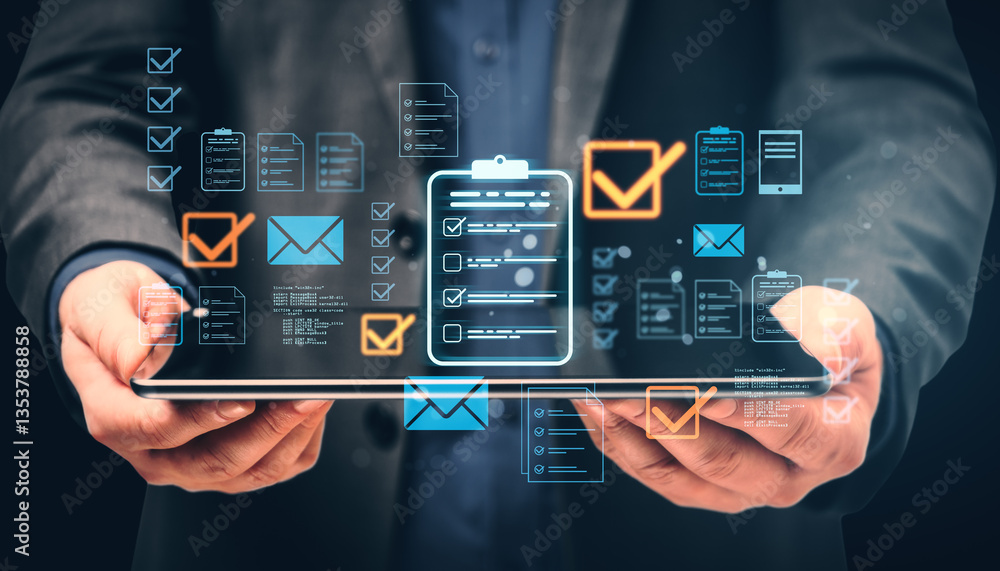 Poster digital document management concept with holographic checklist icons.
