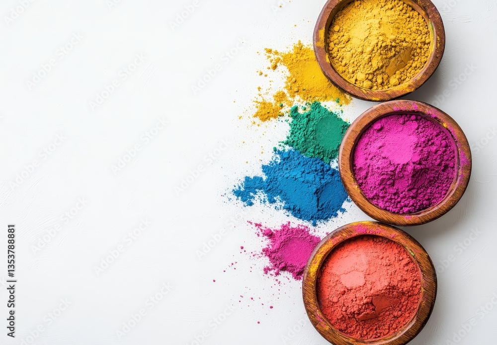 Poster vibrant color powders in wooden bowls with a splash of colors on a white background for creative art