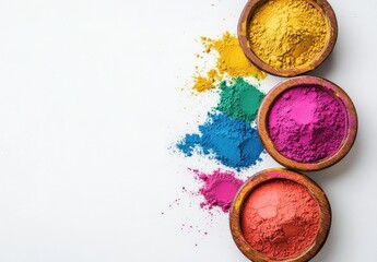 Vibrant Color Powders in Wooden Bowls with a Splash of Colors on a White Background for Creative Art and Design Projects