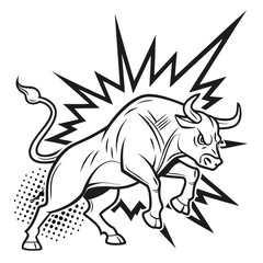 Powerful Pop Art Minimalist Bull in a Charging Pose with Explosive Motion Lines