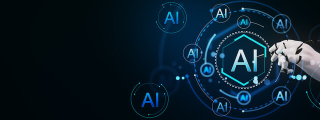 Futuristic AI technology concept with robotic hand interacting with digital interface. 3D Rendering