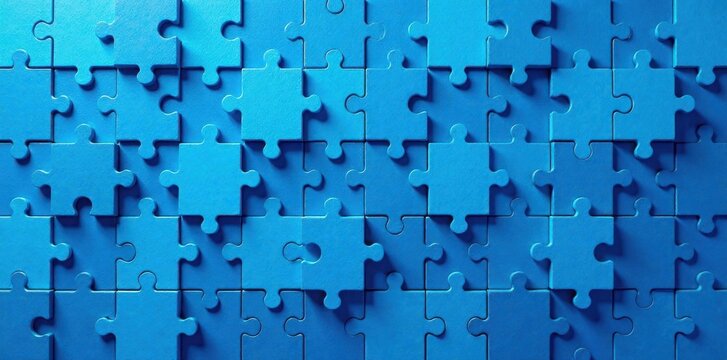 Blue abstract puzzle pieces arranged in a geometric pattern on a wall, puzzle, mural