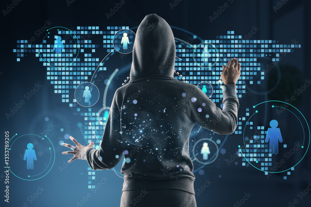 Fototapete Anonymous hacker in hoodie interacting with digital world map displaying global social network connections and data security symbols.