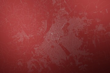 Map of the streets of Santa Cruz De La Sierra (Bolivia) made with white lines on abstract red background lit by two lights. Top view. 3d render, illustration