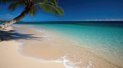 Tropical beach paradise.  Tranquil turquoise water laps gently onto a pristine white sand beach, shaded by a majestic palm tree.  A clear cerulean sky provides a perfect backdrop