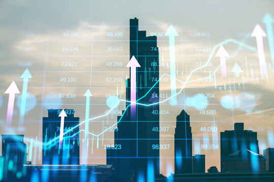 Real estate market growth concept with city skyline and financial charts overlay.