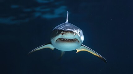 Great white shark swimming underwater facing forward