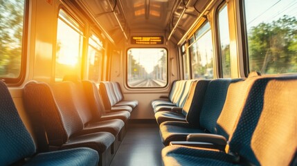 Interior of a Train Car with Empty Seats and Warm Sunlight Streaming Through the Windows