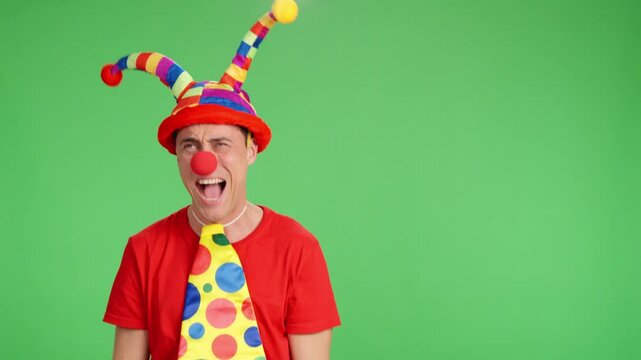 Clown pointing aside on green screen background