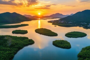 O Loan Lagoon in Phu Yen captured from above at sunset, highlighting the serene landscape