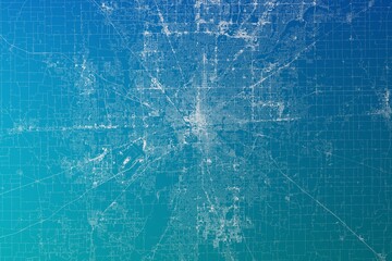 Map of the streets of Indianapolis (Indiana, USA) made with white lines on greenish blue gradient background. 3d render, illustration