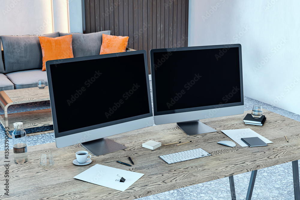 Aufkleber modern workspace with dual desktop monitors on a wooden desk. 3d rendering