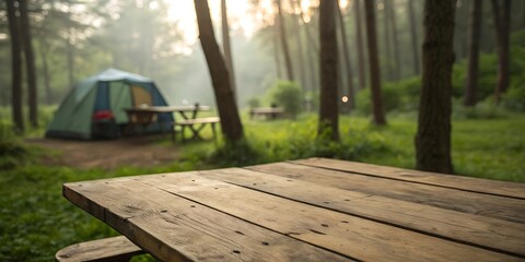 Empty rustic wooden table surface with blurred natural background. Perfect nature-inspired scene for showcasing outdoor concepts, camping lifestyle, or seasonal mockups.