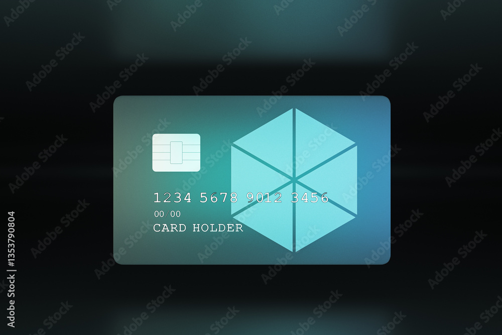 Poster Blank credit card mockup with chip and embossed numbers on dark background. 3D Rendering