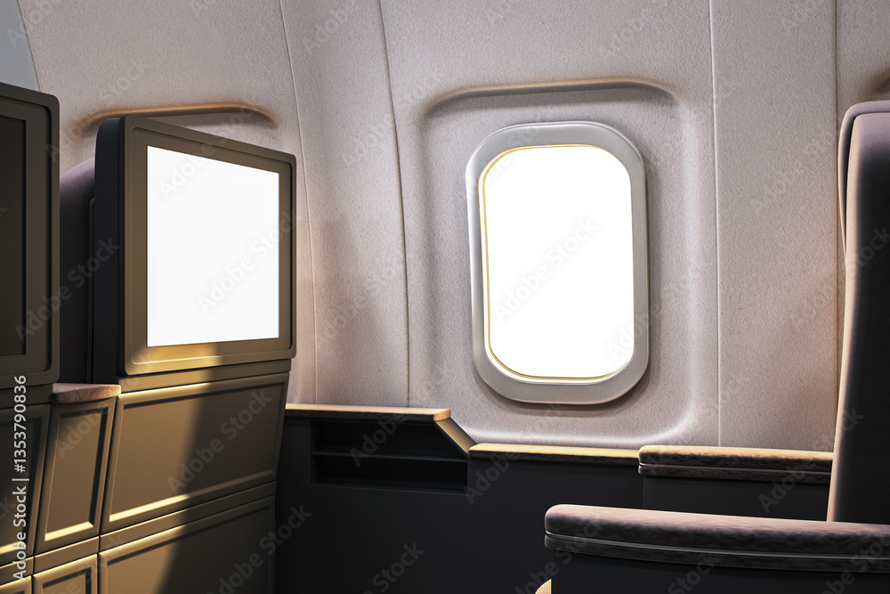 Poster luxurious airplane interior with blank tv screen and window. 3d rendering